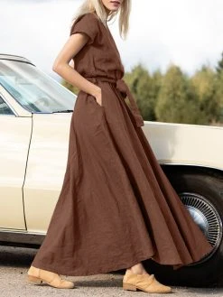 Solid Pocket Swing Short Sleeve Maxi Dress With Belt -Zanzea Shop 7530f631 21b8 491d af4f 27ccdc999357