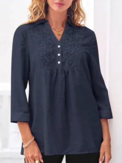 Women Floral Embroidered Notched Neck 3/4 Sleeve Blouse