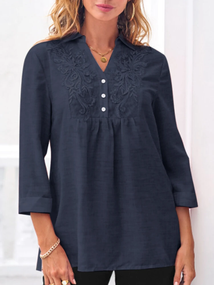 Women Floral Embroidered Notched Neck 3/4 Sleeve Blouse 1 Women Floral Embroidered Notched Neck 3/4 Sleeve Blouse