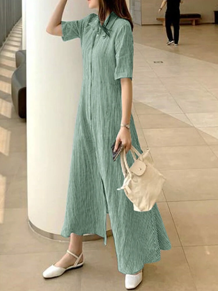 Striped Print Short Sleeve Lapel Button Shirt Dress 4 Striped Print Short Sleeve Lapel Button Shirt Dress - Image 4