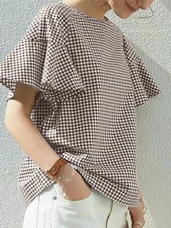 Check Print Ruffle Sleeve Crew Neck Keyhole Back Blouse -Zanzea Shop 757ae4f5 3942 4dc2 a9a5 638439c06c41