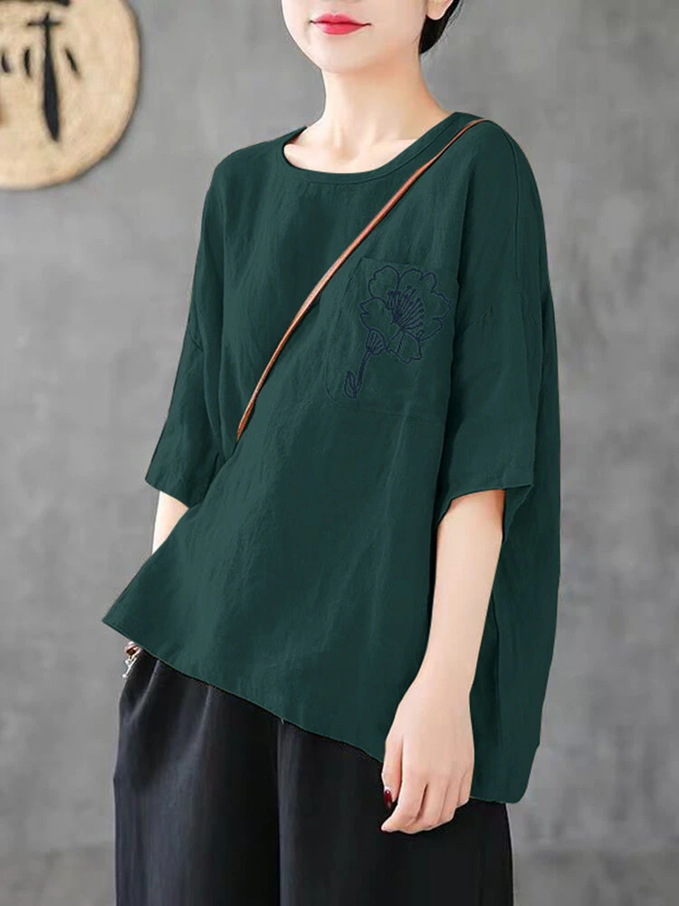 Flower Embroidery Pocket Half Sleeve Crew Neck Loose T-shirt 8 Flower Embroidery Pocket Half Sleeve Crew Neck Loose T-shirt - Image 8