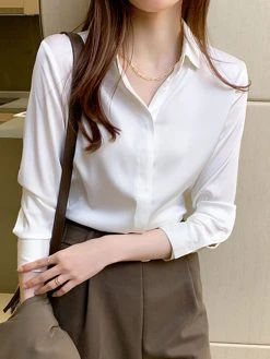 Solid Satin Button Lapel Long Sleeve Shirt -Zanzea Shop 758ddcff 9fa0 4f6b 8e3d 264b9f140524
