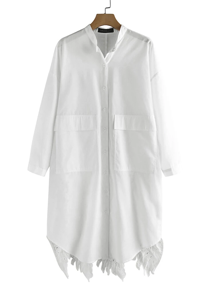 Lace Crochet Long Sleeve Irregular Trim Plus Size Long Shirt 7 Lace Crochet Long Sleeve Irregular Trim Plus Size Long Shirt - Image 7