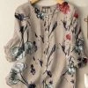 Plants Print 3/4 Sleeve Crew Neck Button Blouse