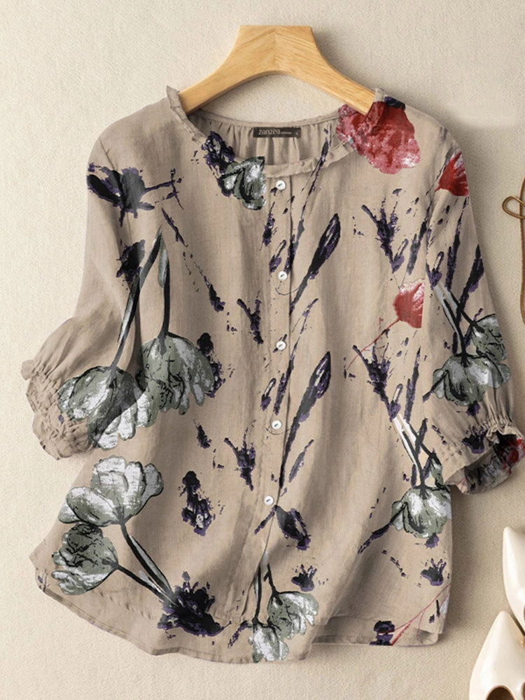Plants Print 3/4 Sleeve Crew Neck Button Blouse 1 Plants Print 3/4 Sleeve Crew Neck Button Blouse
