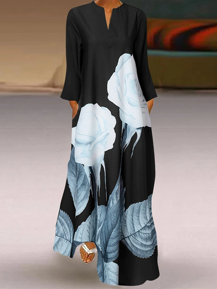 Flower Print Pocket Long Sleeve Notch Neck Dress 2 Flower Print Pocket Long Sleeve Notch Neck Dress - Image 2