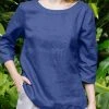 Solid Crew Neck 3/4 Sleeve Blouse For Women