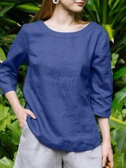 Solid Crew Neck 3/4 Sleeve Blouse For Women