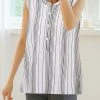 Women Striped Stand Collar Half Button Sleeveless Tank Top