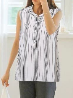 Women Striped Stand Collar Half Button Sleeveless Tank Top