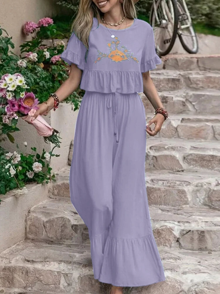 Embroidery Drawstring Waist Ruffle Wide Leg Two Pieces Suit 9 Embroidery Drawstring Waist Ruffle Wide Leg Two Pieces Suit - Image 9