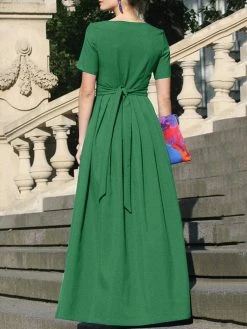 Solid Pleated Notch Neck Short Sleeve Maxi Dress With Belt -Zanzea Shop 762f3ea1 03a3 4943 a5ed c47ed5006ce3