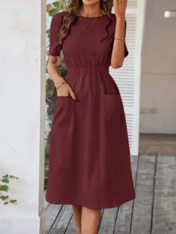 Women Solid Double Pocket Casual Short Sleeve Dress -Zanzea Shop 7667a503 6a0c 4a43 a394 a6e1cc11f1fe
