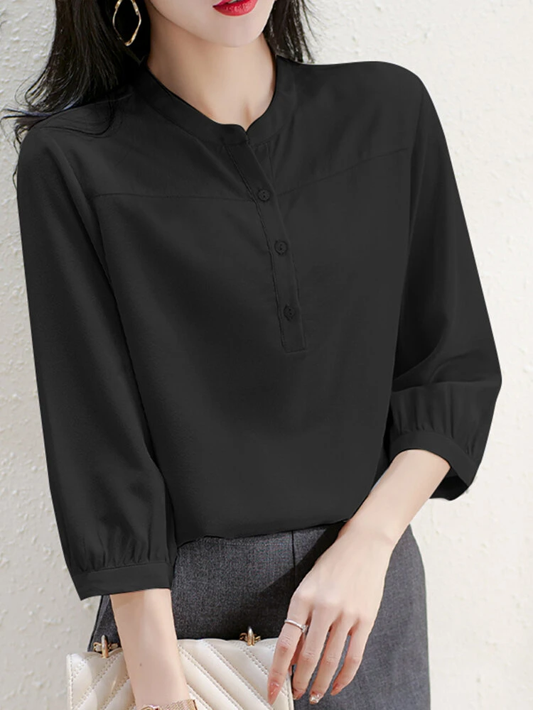 Solid Button 3/4 Sleeve Stand Collar Blouse For Women 10 Solid Button 3/4 Sleeve Stand Collar Blouse For Women - Image 10