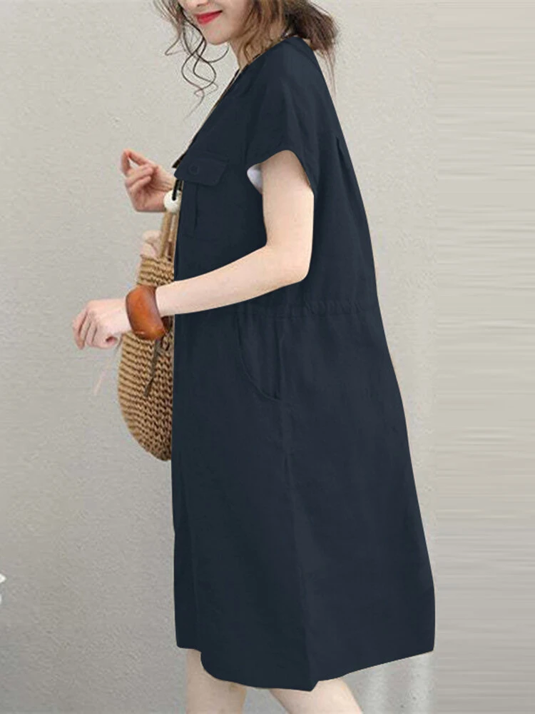 Solid Short Sleeve Pocket Drawstring Button Dress 3 Solid Short Sleeve Pocket Drawstring Button Dress - Image 3