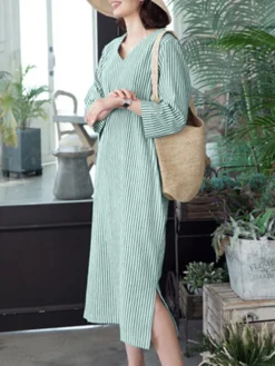 Stripe Print Slit Hem Pocket V-neck Dress -Zanzea Shop 76bf40ce 11c3 4898 a209 9c9aa1537b64