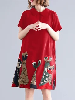 Cartoon Cat Print Short Sleeve Pocket Doll Collar Women Dress -Zanzea Shop 76c86eeb 718d 4706 a892 265d10b4ef30
