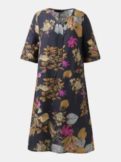 Floral Print Split O-neck Half Sleeve Casual Cotton Dress -Zanzea Shop 76cbc9f6 ab5a 4c96 8507 d2c61527ddd5