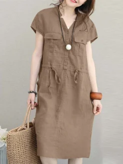 Solid Short Sleeve Pocket Drawstring Button Dress 19 Solid Short Sleeve Pocket Drawstring Button Dress -Zanzea Shop 76e60389 a6c8 4922 a2f3 9565986ccd33