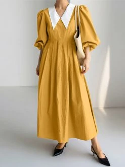 Contrast Collar Pleated Pocket Lantern Sleeve Maxi Dress 18 Contrast Collar Pleated Pocket Lantern Sleeve Maxi Dress -Zanzea Shop 76eff6f7 e307 4917 a550 96a812b302a1