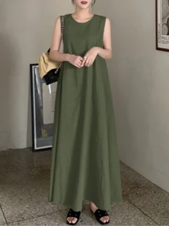 Solid Sleeveless Pocket Swing Crew Neck Cotton Maxi Dress -Zanzea Shop 772cbd10 b673 4056 85e4 c9f8737af548