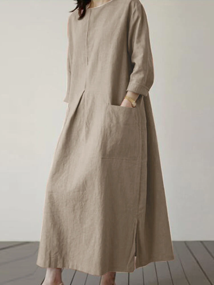 Solid Dual Pocket Slit Hem Crew Neck Vintage Dress 5 Solid Dual Pocket Slit Hem Crew Neck Vintage Dress - Image 5