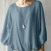 Women Solid Crew Neck Casual 3/4 Sleeve Blouse