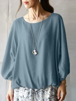 Women Solid Crew Neck Casual 3/4 Sleeve Blouse