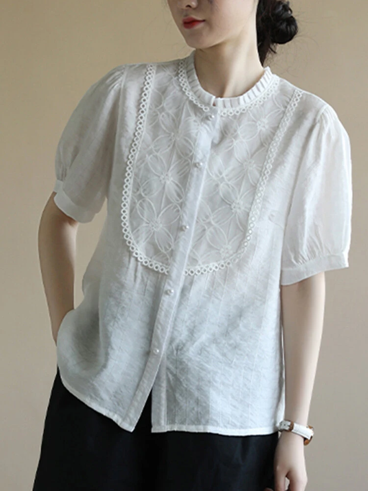 Contrast Embroidery Short Sleeve Pearl Button Blouse 8 Contrast Embroidery Short Sleeve Pearl Button Blouse - Image 8