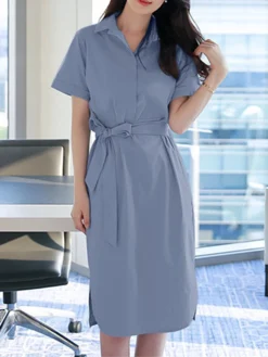 Solid Tie Front Pocket Lapel Short Sleeve Casual Dress