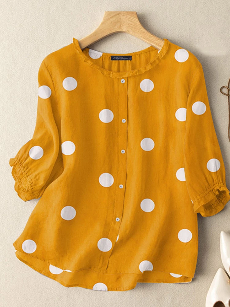 Women Dot Print 3/4 Sleeve Crew Neck Casual Blouse 3 Women Dot Print 3/4 Sleeve Crew Neck Casual Blouse - Image 3