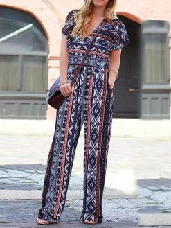 Women Bohemian Geometric Print V-Neck Short Sleeve Jumpsuit -Zanzea Shop 77988512 3a70 461c b459 aab9d5ca666f