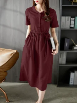 Solid Drawstring Waist Pocket Short Sleeve Vintage Dress -Zanzea Shop 77c281e3 9ea7 4399 99d0 3fd1c88a6d5e