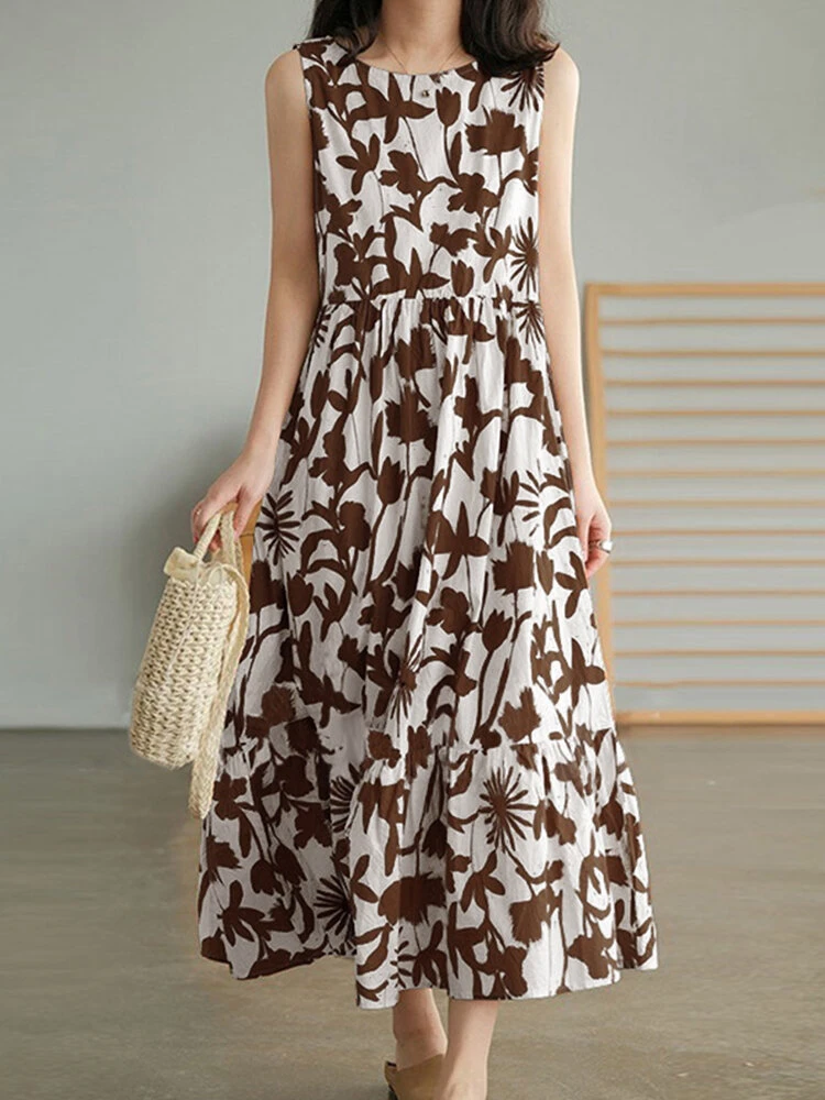 Plant Print Ruch Ruffle Hem Sleeveless Casual Print Dress 7 Plant Print Ruch Ruffle Hem Sleeveless Casual Print Dress - Image 7