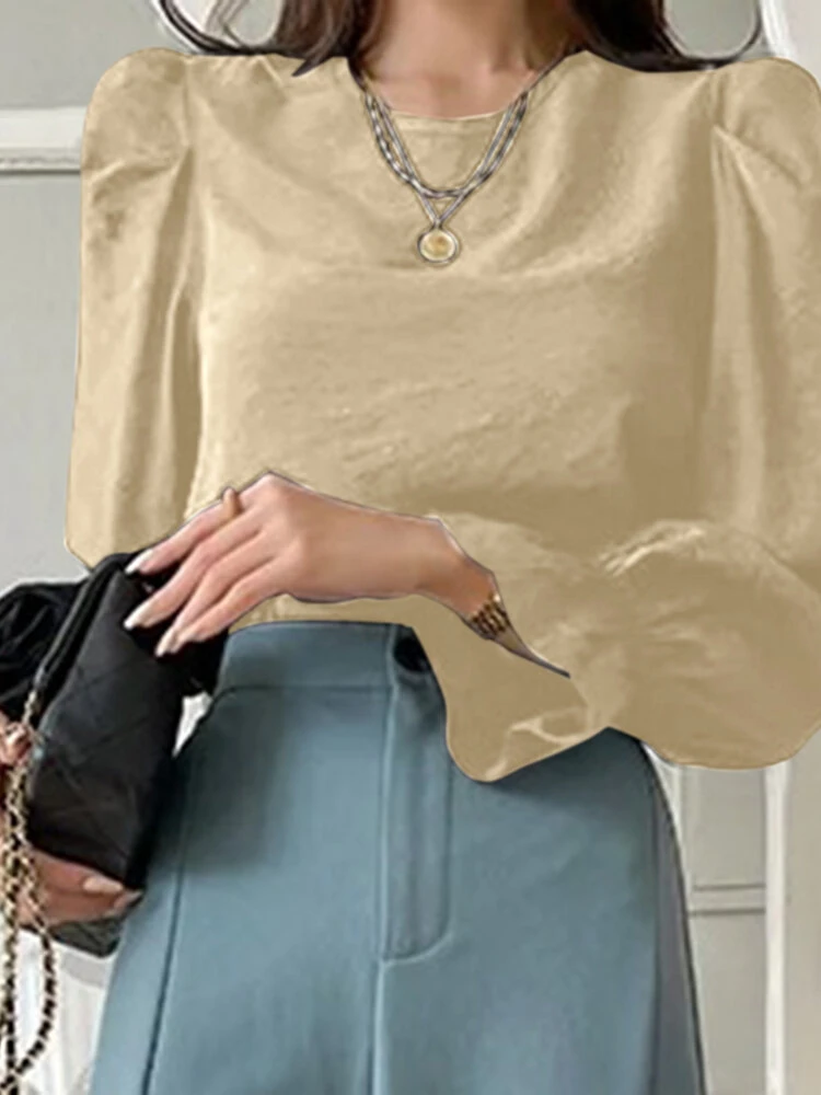 Solid Long Puff Sleeve Crew Neck Blouse 11 Solid Long Puff Sleeve Crew Neck Blouse - Image 11