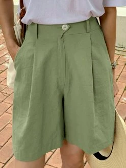 Solid Pocket Elastic Waist Casual Wide Leg Shorts