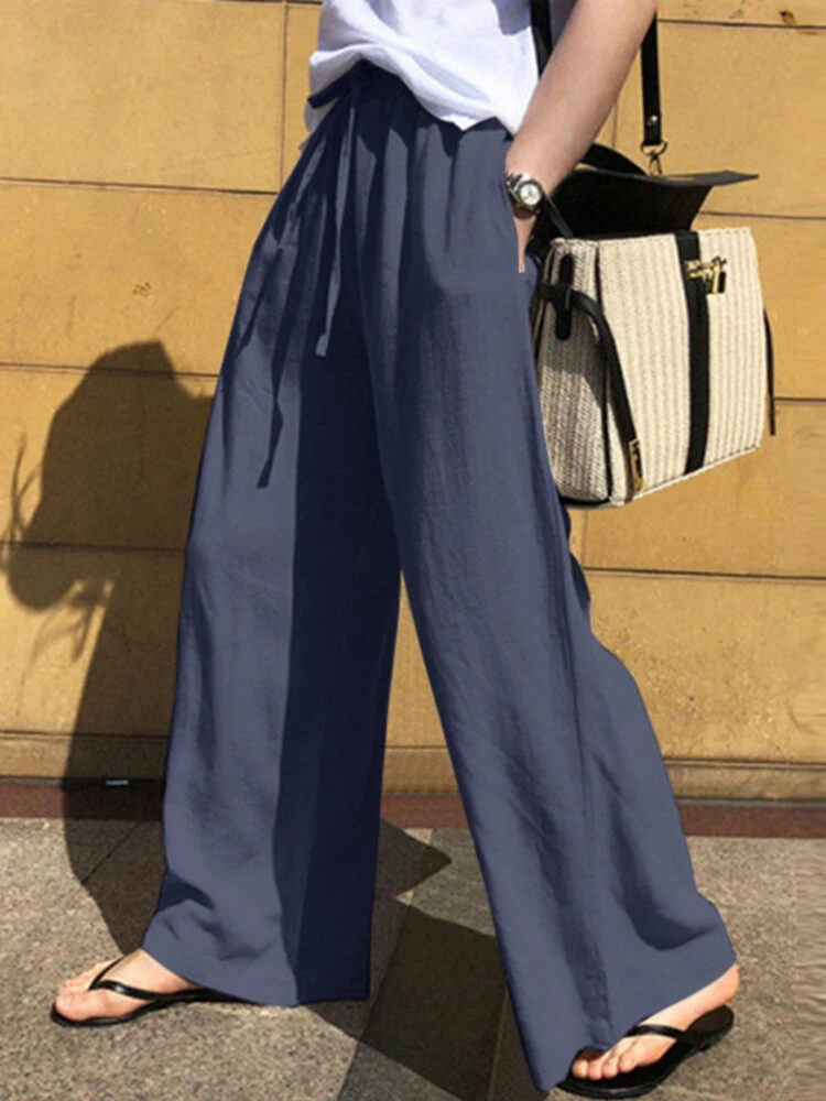 Solid Pocket Drawstring Elastic Waist Wide Leg Pants 5 Solid Pocket Drawstring Elastic Waist Wide Leg Pants - Image 5