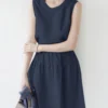 Women Solid Pleated Crew Neck Cotton Casual Sleeveless Dress