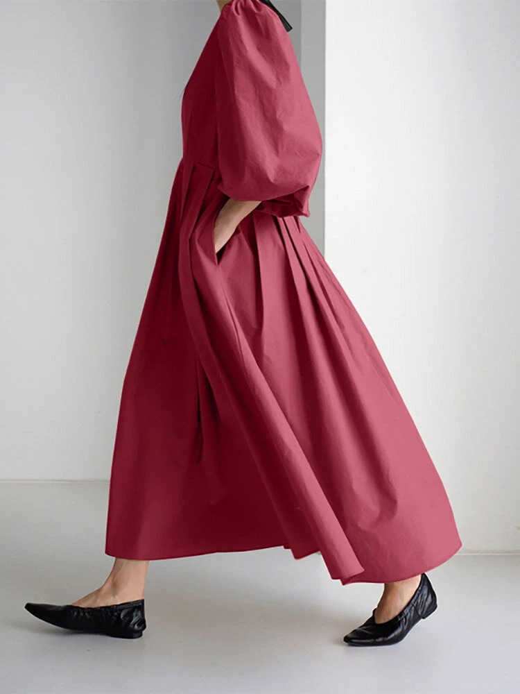 Contrast Collar Pleated Pocket Lantern Sleeve Maxi Dress 5 Contrast Collar Pleated Pocket Lantern Sleeve Maxi Dress - Image 5