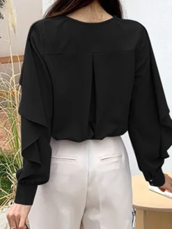 Ruffle Solid Long Sleeve V-neck Button Front Blouse -Zanzea Shop 78c46dea 3202 4b26 8a78 a3009ed0a703