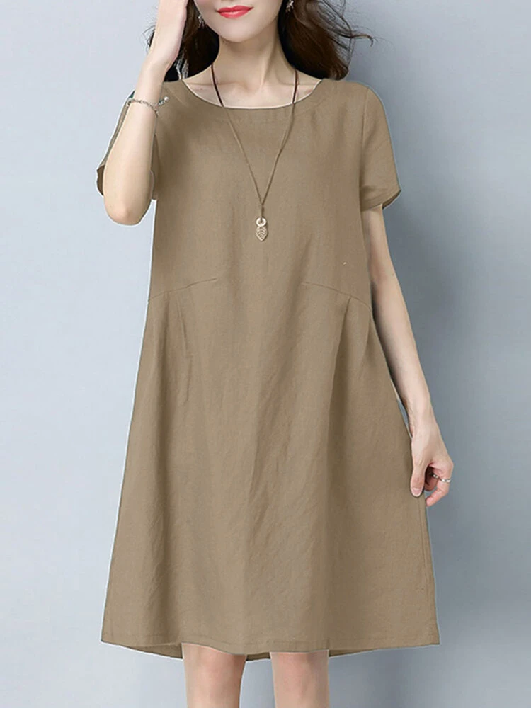 Solid Pocket Short Sleeve Crew Neck Midi Casual Dress 2 Solid Pocket Short Sleeve Crew Neck Midi Casual Dress - Image 2
