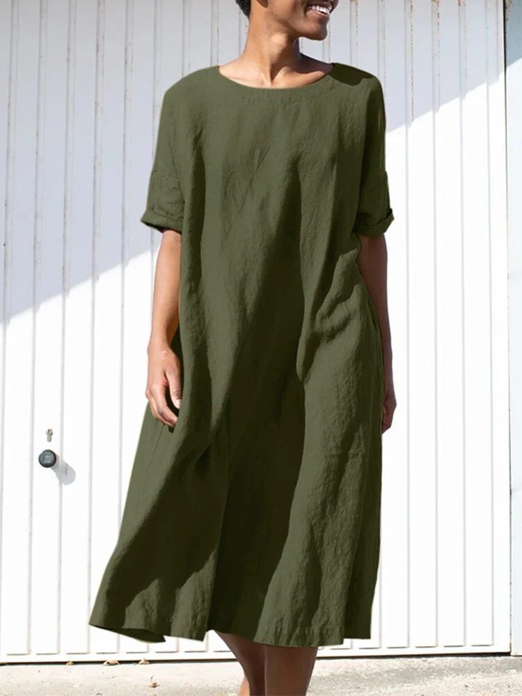 Solid Loose Crew Neck Short Sleeve Casual Dress With Belt 4 Solid Loose Crew Neck Short Sleeve Casual Dress With Belt - Image 4