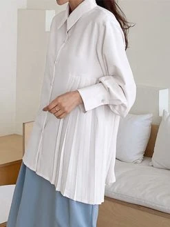 Solid Irregular Pleated Long Sleeve Lapel Button Down Shirt -Zanzea Shop 790bf108 21a7 48e0 9dca 3d4fb78efc02