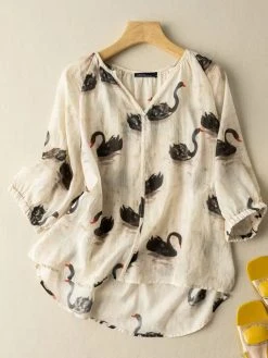 Women Swan Watercolor Floral Print V-Neck Half Sleeve Blouse