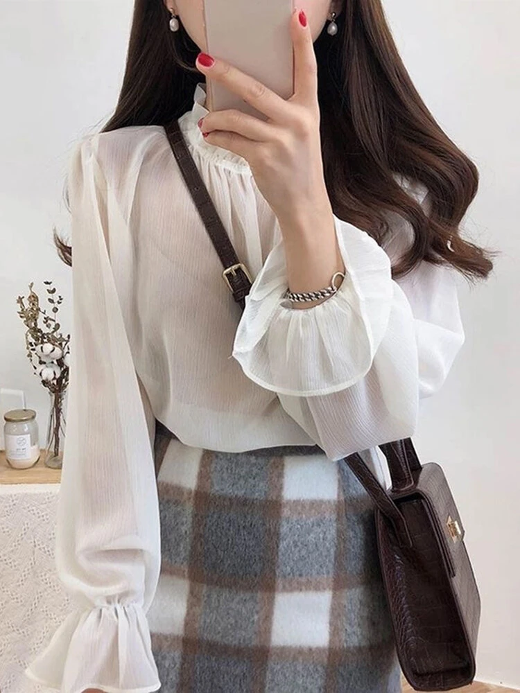 Solid Puff Sleeve Ruffle Stand Collar Chiffon Blouse 2 Solid Puff Sleeve Ruffle Stand Collar Chiffon Blouse - Image 2