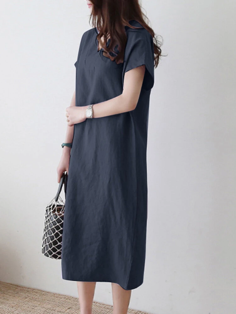 Solid V-neck Short Sleeve Dress For Women 5 Solid V-neck Short Sleeve Dress For Women - Image 5