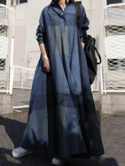 Plaid Print Lapel Long Sleeve Button Plus Size Maxi Dress With Pockets -Zanzea Shop 796171f7 ef83 4532 8396 77cd5f28f9d5