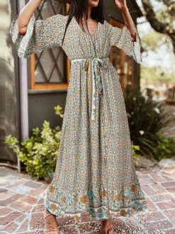 Bohemian Floral Print Belt Ruffle Sleeve Maxi Dress -Zanzea Shop 799d0f19 d6b4 44df 979d 86be682f9a52