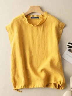 Women Solid Drawstring Hem Cotton Sleeveless Tank Top